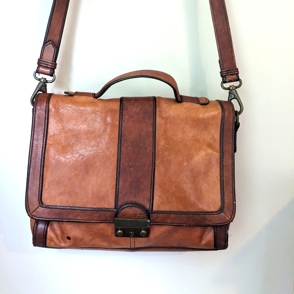 Fossil Handbags - Fossil Two Tone Brown Leather Briefcase Messenger Tote Large Laptop Bag